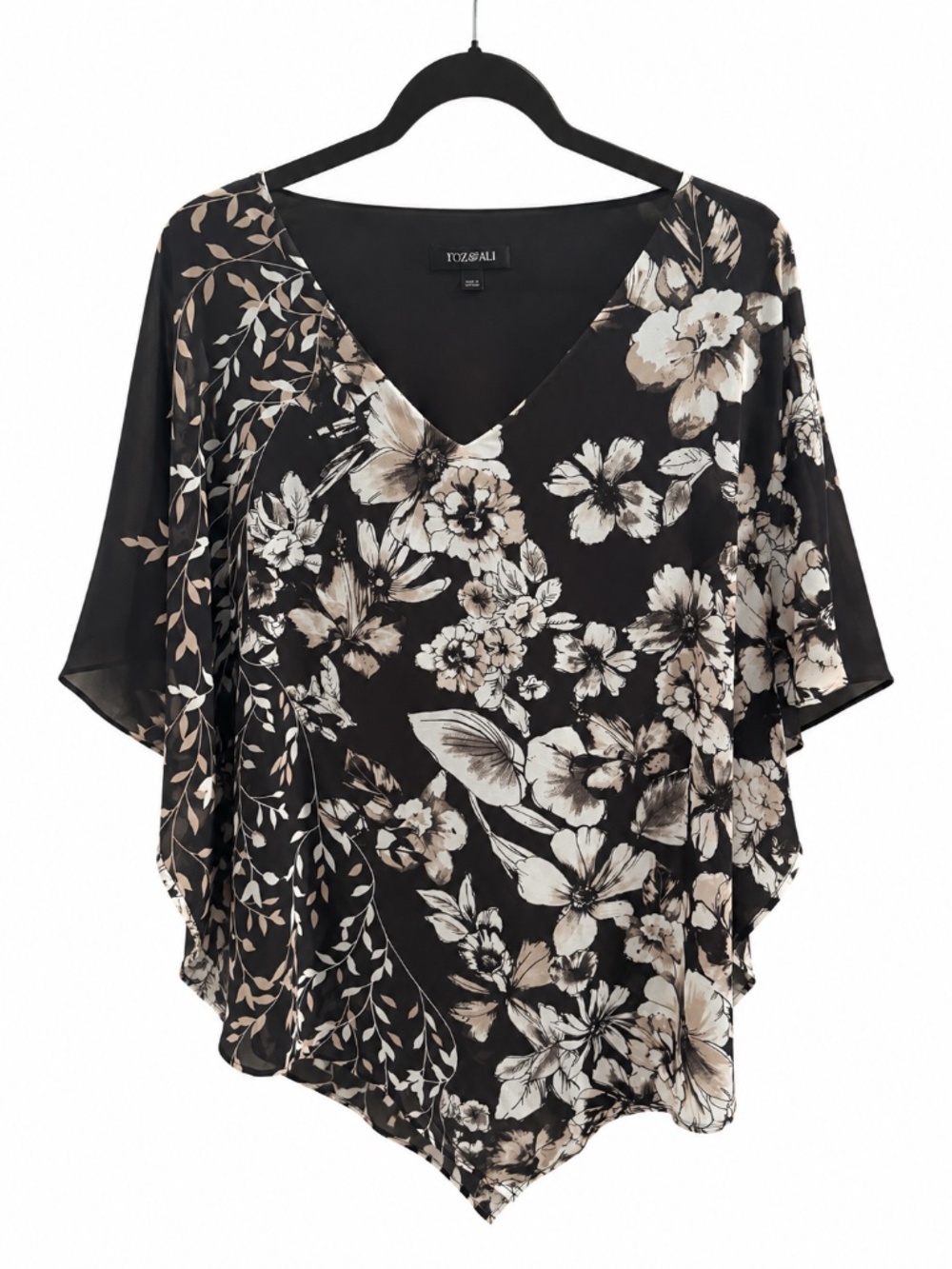 Roz & Ali black and white, floral poncho style blouse.